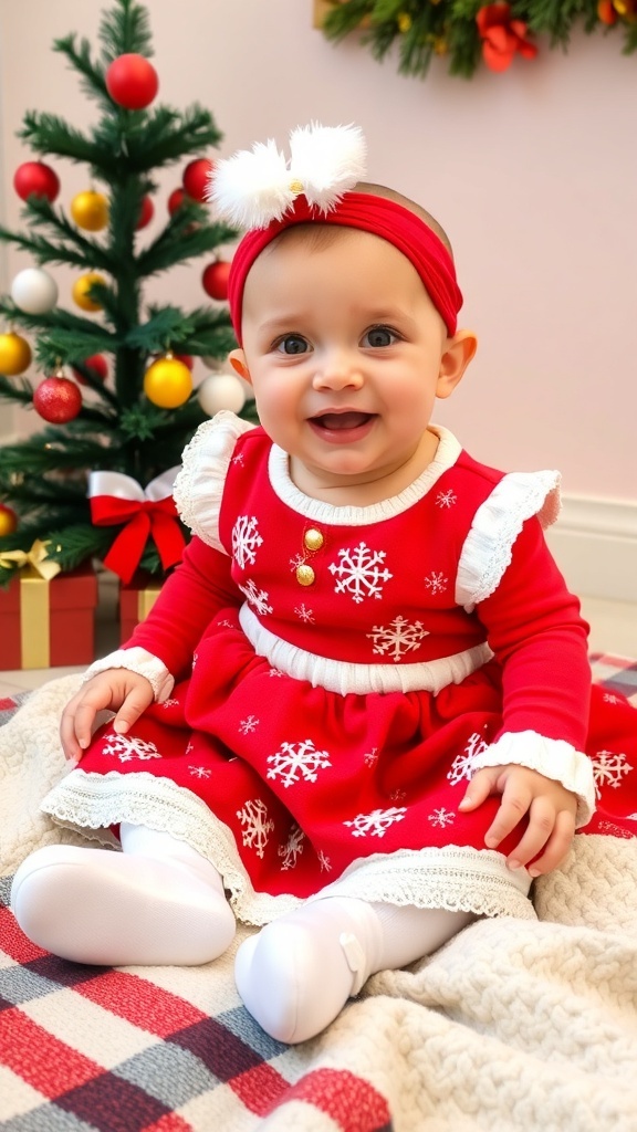 A baby girl in a Christmas outfit with a festive dress and headband, sitting on a blanket with holiday decorations.